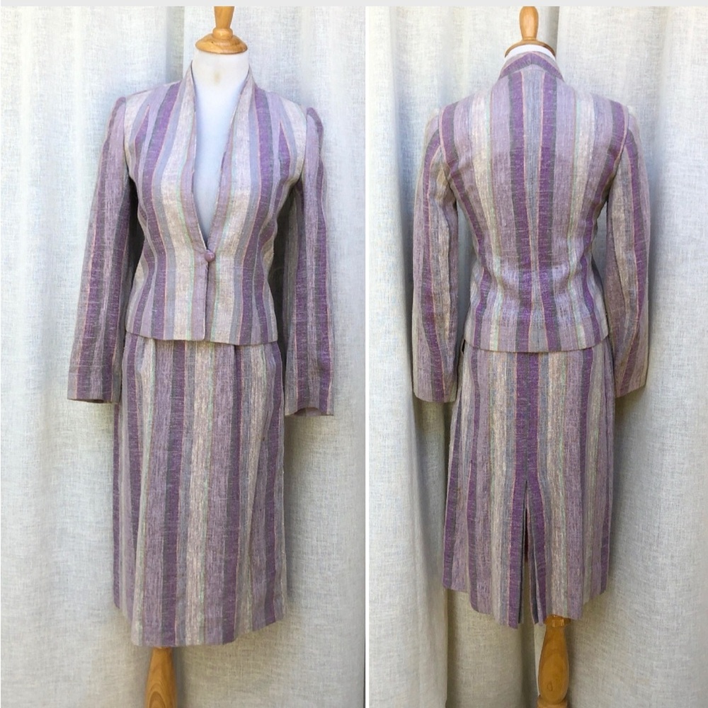 Haberdasher lavender purple linen striped blazer with a pencil skirt